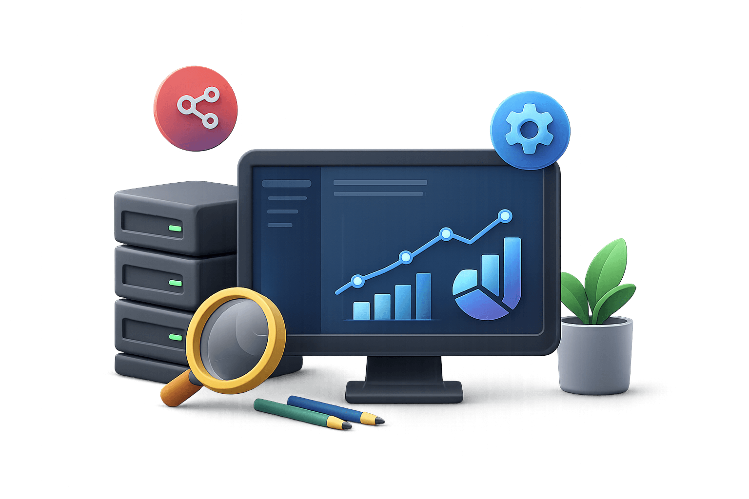 Modern workspace illustration showing cloud platforms and analytics dashboard